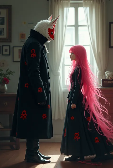 a dark man wearing a long black coat with red doodle wearing white and red kitsune mask married to a woman queen of ghosts with pink hair and a black and white dress, The two are having fun together at home until she said she wanted to have a baby so the m...