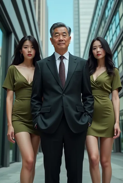 One Chinese man 50 years old in a black suit, a white with two Korean sexy girl age 25 years old with huge breasts, small waists, wide butt, long legs in olive green and white dress, Standing  if front of company