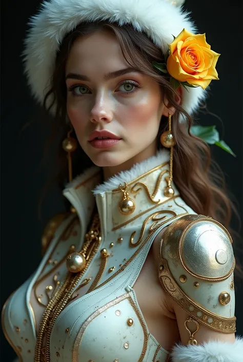 Ultra Realistic photography,beautiful woman, who is dressed as Santaclos Cibernetica with a golden rose and a strawberry on her costume