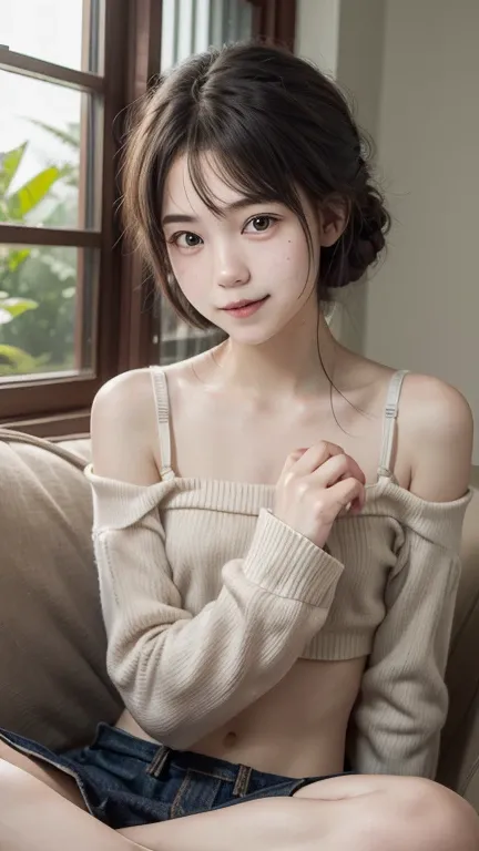 close-up shot ,A trendy young Thai woman in low-waisted jeans and a crop white lace bra lying on back on a plush sofa in a modern living room. Her expression is smile, relaxed and reading book, her both hands holding book, with the camera capturing the sof...