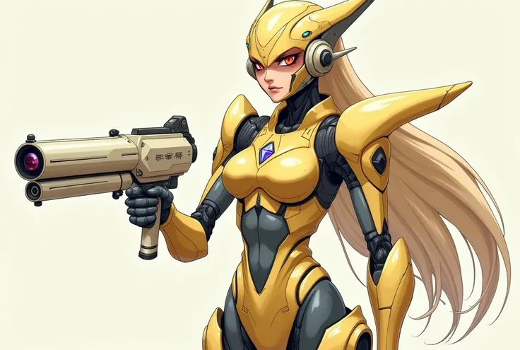 A futuristic giant humanoid female alien with a bold and elegant design in Japanese anime style art. She holds a long-barreled beige laser gun pointed forward.
Her body is covered in sleek beige armor plates, blending mechanical precision with human curves...