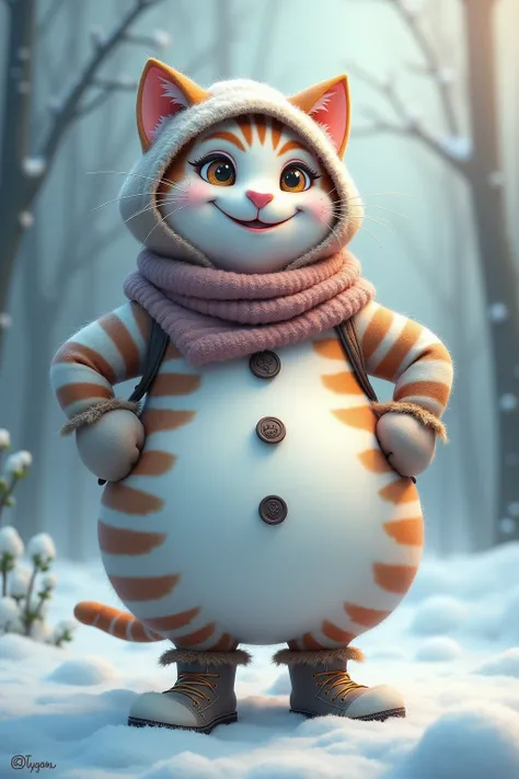 photorealistic portrait of Dressed animals - a ((fat)) (Cheshire cat) snowman,(Art by Skottie Young:1.2),(winter theme),(cute),(happy), (cute cat eyes),(hands on hips:1.5), high quality,(lovely) ,intricate detailed  accessories, boots ,(highly detailed sno...