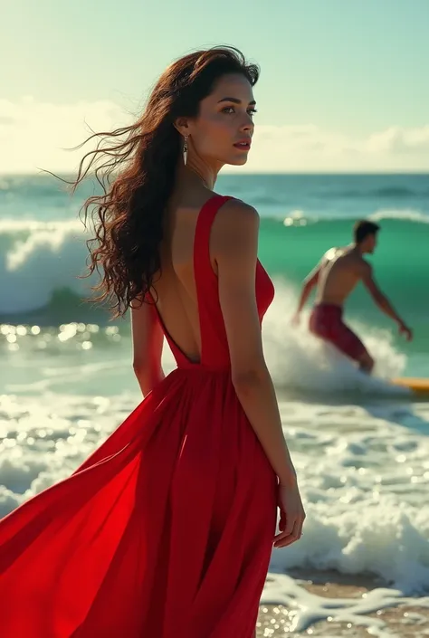 Create a woman all in red watching the waves of the sea with a handsome surfer