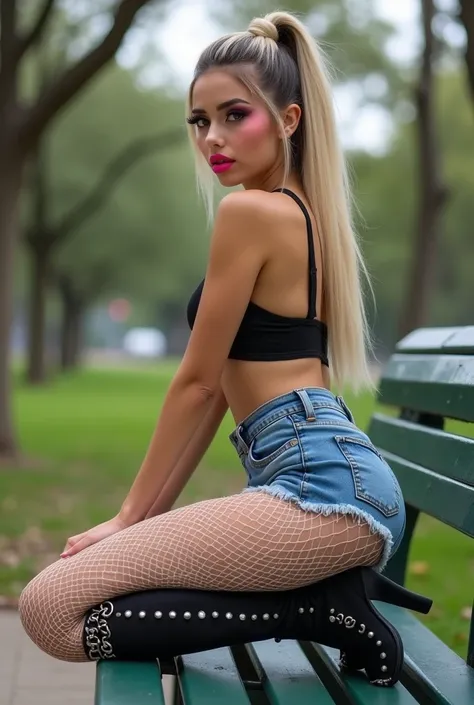 Ultra Realistic photography,beautiful young *******  girl,Posing in the city park kneeling on a park bench,  showing her slender legs and beautiful high heels  .  She has long blond hair with dark hair roots .  with a ponytail .  She has heavy makeup , Blu...