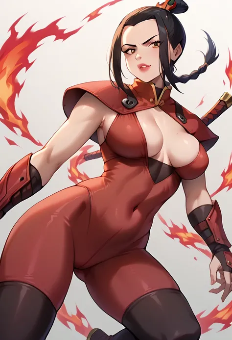 Azula from Avatar The Last Airbender wearing a sexy version of Deadpools iconic outfit, a tight red and black bodysuit with strategic cutouts that accentuate her curvy figure with large breasts, a slim waist, and thick thighs, the suit features Deadpools s...