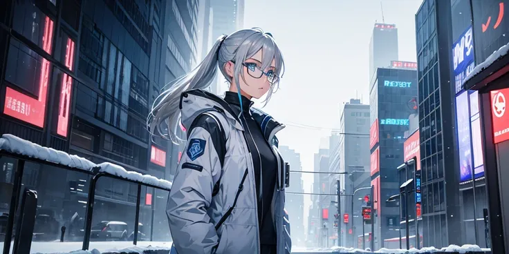 Beautiful Ponytail Silver Haired Scientist , Blue Eyes wearing Eyeglasses and Winter Jacket focus her Upper Body position right Side with scenery Snowing Cyberpunk City 