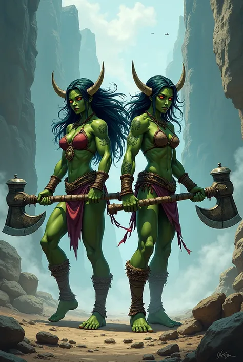  anime Orcs twin ren holding naked stone axes、Sisters of 