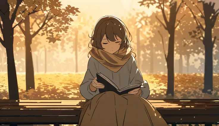 A young girl sitting on a wooden bench in an autumn park, holding a sketchbook in her lap. Leaves swirl gently around her as she gazes up at the soft, overcast sky. Her scarf flutters slightly in the cool breeze, and the warm golden light of sunset filters...