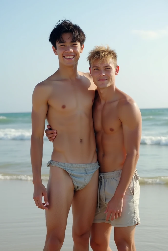 High-quality photo of two eighteen-year-old guys on a beach. An exceptionally tall, slender but muscular Asian boy, playfully captures a much shorter, very compact, athletic-looking blond, blue-eyed White guy.