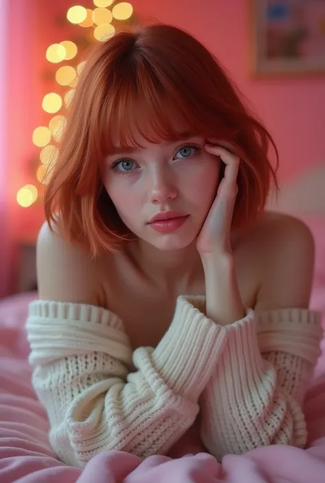  very detailed,  extremely realistic,  hyperrealism,  super real ,  top quality,(  masterpiece  , soft lighting ,  stylish eyes with attention to detail: 1.2),15-year-old girl, (cute), Christmas Party in the Pink Room、 on the bed、off-the-shoulder sheer whi...