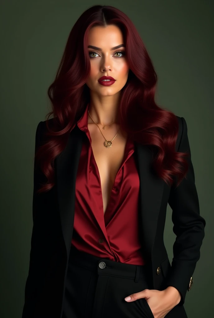 Confident, seductive, mafia queen, Italian, late 30s, 510", warm olive complexion, rich burgundy long wavy hair, piercing emerald green eyes, high cheekbones, sharp jawline, full lips, beauty mark above upper lip, faint scar on left collarbone, tailored bl...