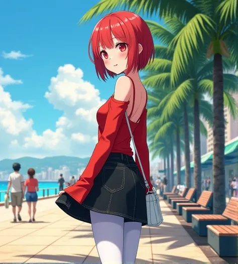  An 18-year-old anime-style lady , To Love Ru,  standing next to some stone benches that stretch all over the boardwalk with palm trees around her ,  there are people around the city of Tokyo during the afternoon with a sky of light blue and orange, she me...