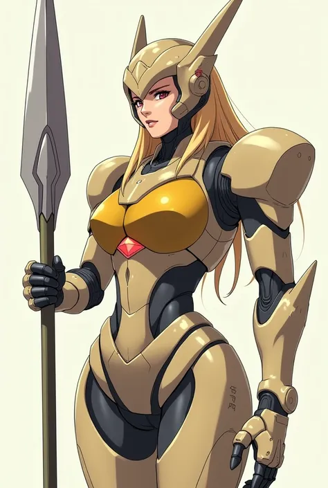 A futuristic giant humanoid female robot with a bold and elegant design in Japanese anime style art. She holds a thick, sharp silver conical spear in one hand.
Her body is covered in sleek beige armor plates, blending mechanical precision with human curves...