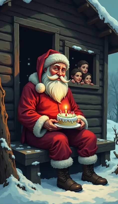 The image is a digital illustration of Santa Claus sitting on a wooden bench in front of a wooden cabin. Santa is dressed in worn-out, shabby clothing, giving him a poor appearance. On his lap rests a small birthday cake with a single candle that casts a w...