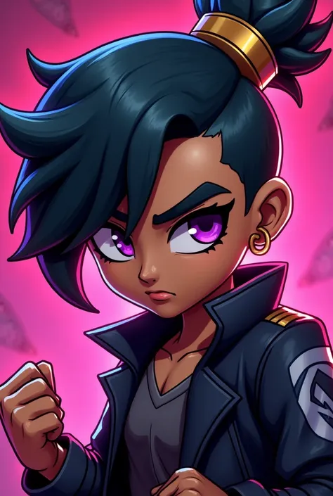  Creates a Brawl Star pin with the following features: Black hair
Black eyes
With tabs
Light brown skin 