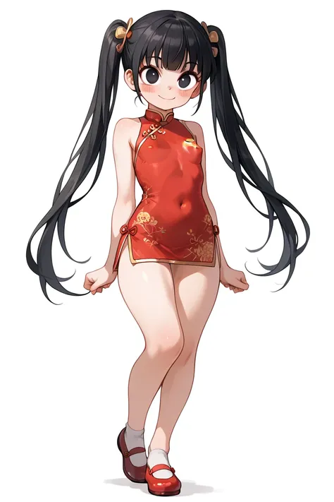 cute young girl, teen, loli, short girl, red chinese dress, qipao, cheongsam, tight dress, mary janes shoes, super short dress, no panties, covered nipples, microdress, too short, skinny body, cute small breasts, perky breasts, thick thighs, twintails blac...