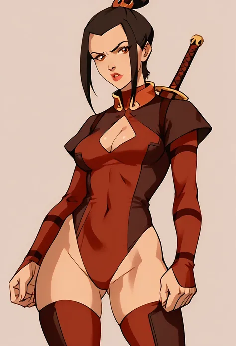 Azula from Avatar The Last Airbender wearing a sexy version of Deadpools iconic outfit, a tight red and black bodysuit with strategic cutouts that accentuate her curvy figure with large breasts, a slim waist, and thick thighs, the suit features Deadpools s...