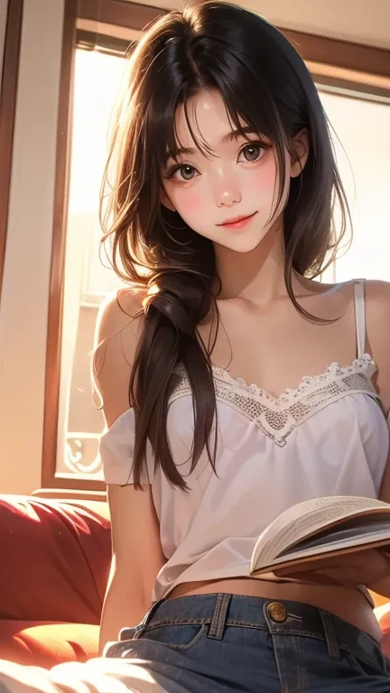 close-up shot ,A trendy young Thai woman in low-waisted jeans and a crop white lace bra lying on back on a plush sofa in a modern living room. Her expression is smile, relaxed and reading book, her both hands holding book, with the camera capturing the sof...