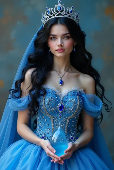 Woman dressed as a princess, the dress is blue with blue diamonds, her hair is long black, she has a crown of sapphires and she has the element of water in her hands 