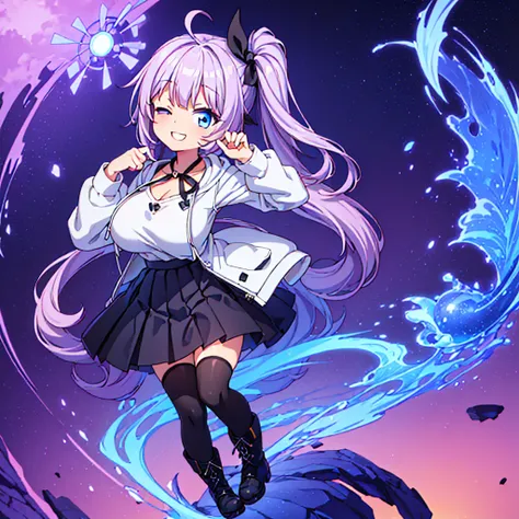 ((1 Girl, 18 Years Old, Big Breasts, Collarbone, Side Ponytail, Lilac Colored Hair, Ahoge, Wavy Hair, Blunt Bangs, Blue Eyes, Long Eyelashes, Good Humor, Smile, One Eye Closed, Teeth, Arm Up, Beautiful Skin, Chibi)), BREAK (((White Hoodie, White Sweatshirt...