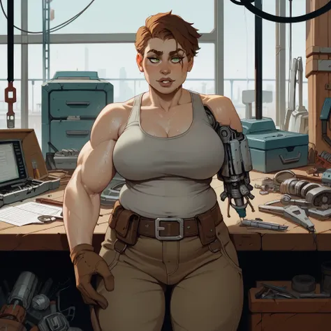 Young woman, short hair, tomboy, athletic, buff, big arms, chunky, green eyes, large breasts, wide hips, muscular, gray tank top, sweaty, baggy cargo trousers, tool belt, brown leather gloves, workshop, mechanic, robot workshop, (incase:0.35), cracked arm,...