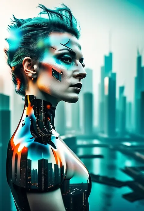 abstract colors, texture, film grain, skin pores:0.1 intricate dramatic portrait of a beautiful windblown scifi scientist standing on a balcony overlooking a futuristic (solarpunk)1.2 city, foggy morning, cinematic movie still frame, blade runner 2049, pun...