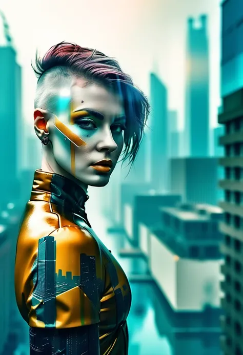 abstract colors, texture, film grain, skin pores:0.1 intricate dramatic portrait of a beautiful windblown scifi scientist standing on a balcony overlooking a futuristic (solarpunk)1.2 city, foggy morning, cinematic movie still frame, blade runner 2049, pun...