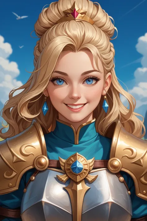 A close-up portrait of a stunning woman with a joyful and happy aura, smiling brightly with the confidence of someone radiating happiness. She has fair skin, bright light blue eyes, and long semi-wavy blonde hair with a fringe. The silver armor she wears s...