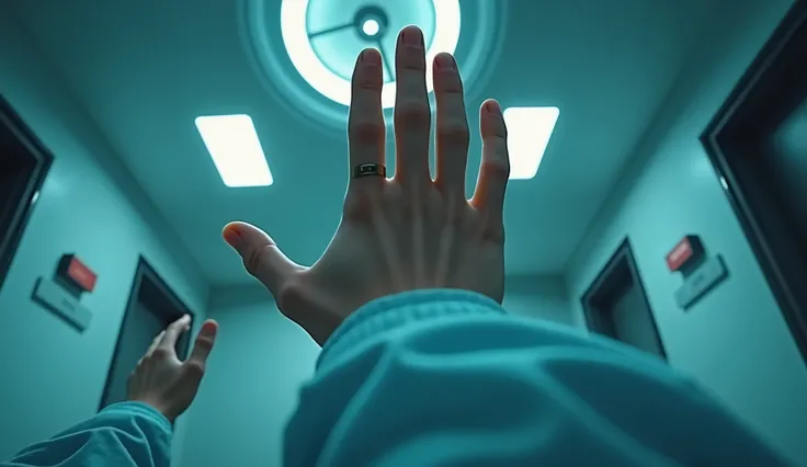 two hands side by side seen from the point of view of their bearer. The setting is the ceiling of an advanced medical hospital, softly lit in pale blue tones, with a white lamp on the ceiling. The mans face is not shown, only his hands and the background, ...