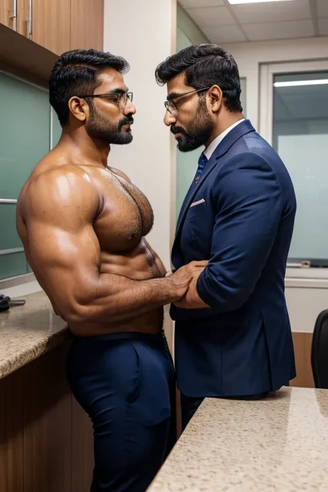 Award-winning original photos，2 Indian men ,  A wild muscular man and a tall, plump man ., ( 40 years old Indian Daddy :1.1), Barbas, strong, piece, (office suits ),  a man wearing glasses , ( leaning against the counter ),  kissing passionately while lean...