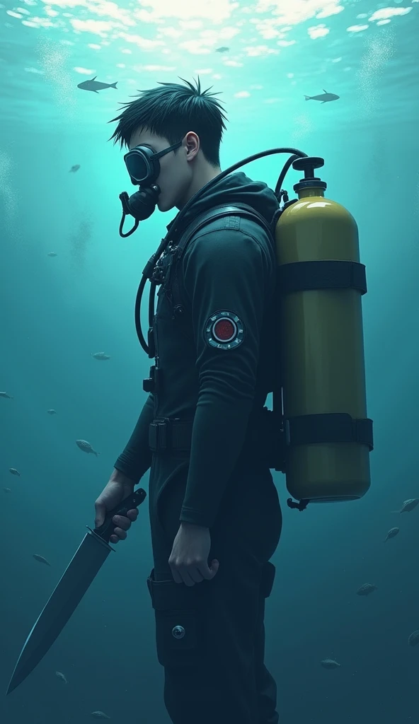 (best quality,ultra-detailed),(realistic:1.37) full body, male scuba diver with short black hair turning left in the open water wearing a diving mask and regulator in his mouth. He holds a knife in his right hand while his face is partially looking to the ...