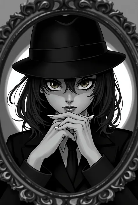 A semi-realistic drawing of a close-up of a mysterious detective girl with a circular decorative frame surrounding it, Front camera with curved head ,  hidden face and both hands on his chin , Black and white 