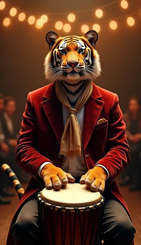 "Create a cinematic image of an anthropomorphic tiger with a human body, dressed as a soulful singer, seated and playing a Rockstar PAD20 Pro Advanced Octapad (Electronic Drum Multi Pad ... The tiger wears a tailored velvet jacket in deep crimson, a crisp ...