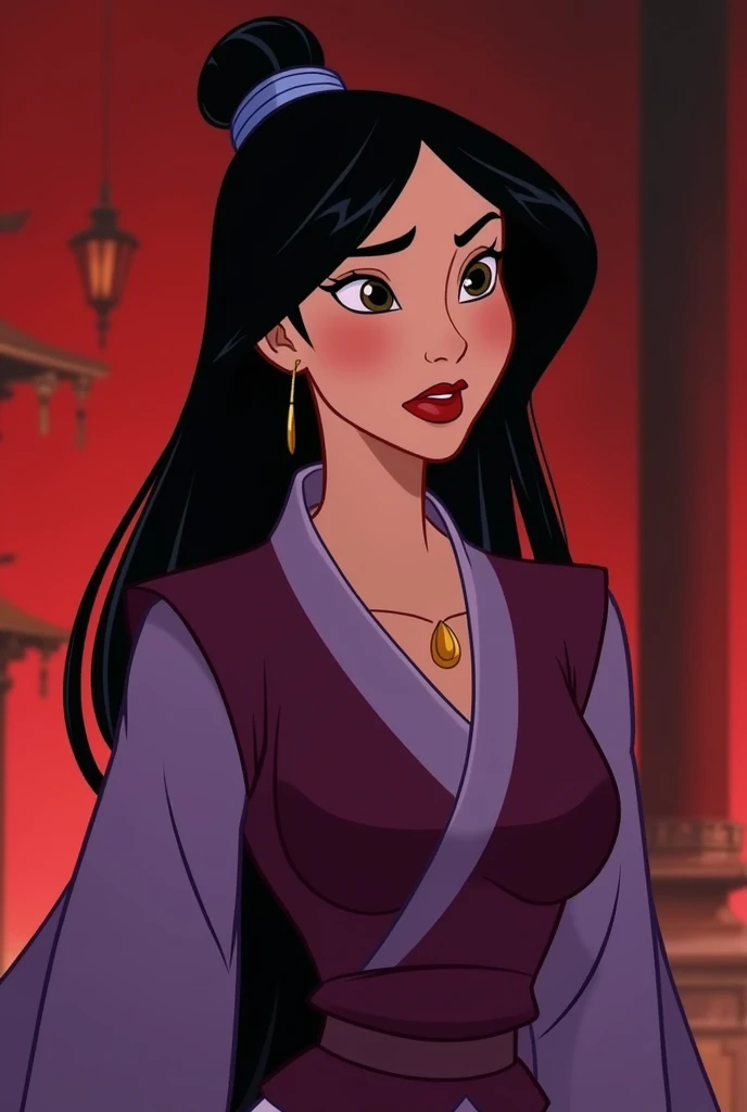 Disney princess Mulan reimagined as an evil villain in disney animated style. It should be the same as Mulan, but just give her a makeover of a villain. Keep the hairstyle and face the same as the original Mulan