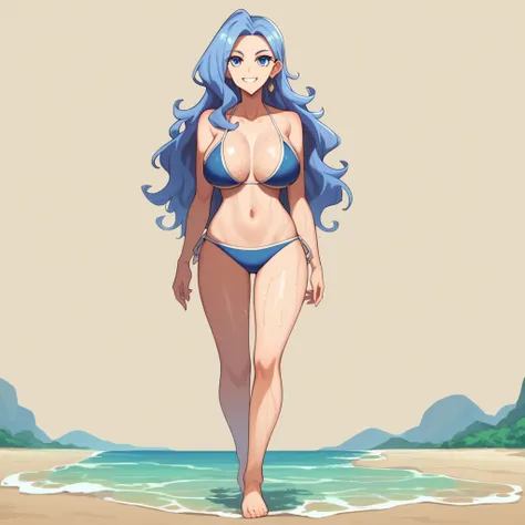 Eclair Seaetto. Cabello rosado.  blue eyes .   flirty smile,  big breasts , ,BIKINI color celeste.  is walking on a  beach. A Single Woman  Woman . loose hair . wet body .  full body image .  blue eyes .