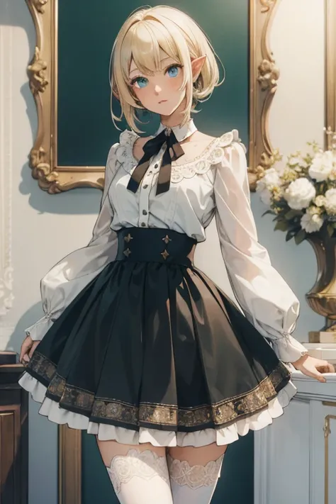  highres icon,  sharp focus, obra-prima do pixiv, (( intricate details )),   highly detailed  , 1 boy, great_Overlord, boy, pointy ears,  heterochromia,  blonde hair ,  Blue Eyes,  green eyes,  dark skin, skirt,  zettai ryouiki, crossdressing,   