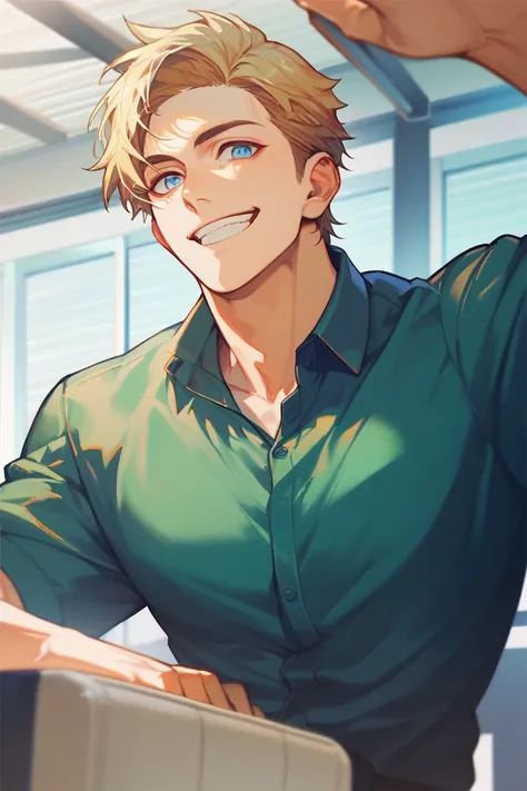  a man, Muscular from the gym,  High resolution, breasts, smile,  short straight hair , Blue eyes,  Blonde hair , Teeth, elegant,  Lyric, Aquamarine green shirt