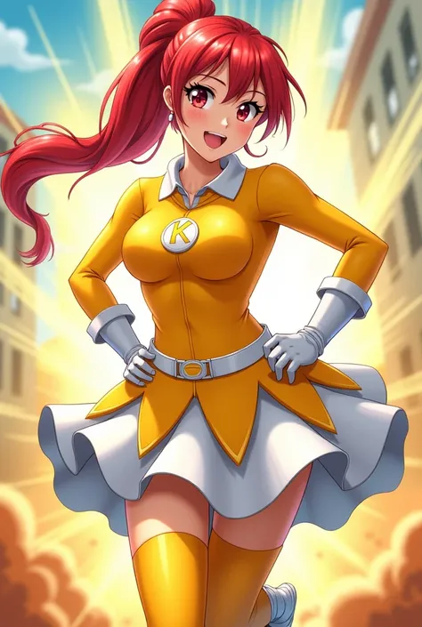  superhero woman with red hair and red eyes and that her costume is yellow with a skirt and white boots,  also has its initial in the center which is K in a white circle . The not so big initial . That she is a teenager and anime-style . Her hair tied in a...