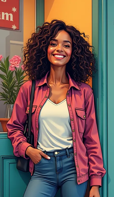 DISCREET image. with discreet casual clothes. image adult woman, american, comic book style. SHE IS HAPPY AND GRATEFUL, with a discreet smile. IMAGES WITH VIBRANT COLORS.