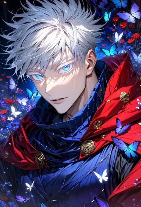 absurdres, highres, ultra detailed, HDR, master piece, best quality, perfect face, Gojou Satoru, white hair, expressive blue eyes, white eyelashes, colored eyelashes, Jujutsu Kaisen, solo, sexy man, handsome, sensual, gray vest, black shirt, red cape, a fi...