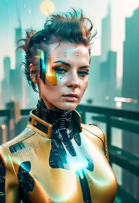 abstract colors, texture, film grain, skin pores:0.1 intricate dramatic portrait of a beautiful windblown scifi scientist standing on a balcony overlooking a futuristic (solarpunk)1.2 city, foggy morning, cinematic movie still frame, blade runner 2049, pun...