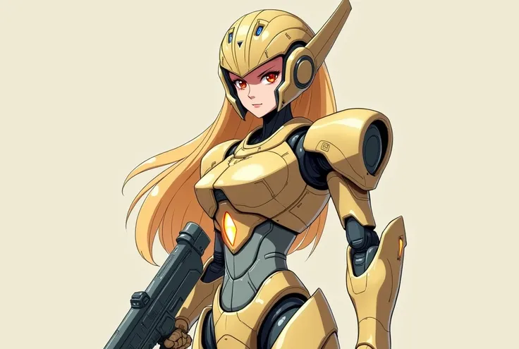 A futuristic giant humanoid young girl robot with a bold and elegant design in Japanese anime style art. She holds her hand a futuristic beige laser gun pointed forward.
Her body is covered in sleek beige armor plates, blending mechanical precision with hu...