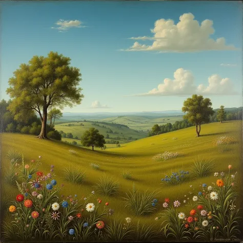 Old Early Renaissance-style image, of a lush plain with earthen land and a few trees with a blue sky and a few flowers
