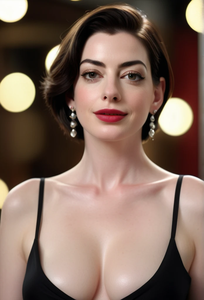  Sensual Gaze from Anne Hathaway in her 20s ,  Modest Film Wrapped in lights like.  Shes Standing Tall , Shoulders back,  In Her Slim Office Attire ,  Her Eyes Are Fixed to Invisible .  Her eyeliner is accurate , Crimson Painted Lips ,  and seductively swa...