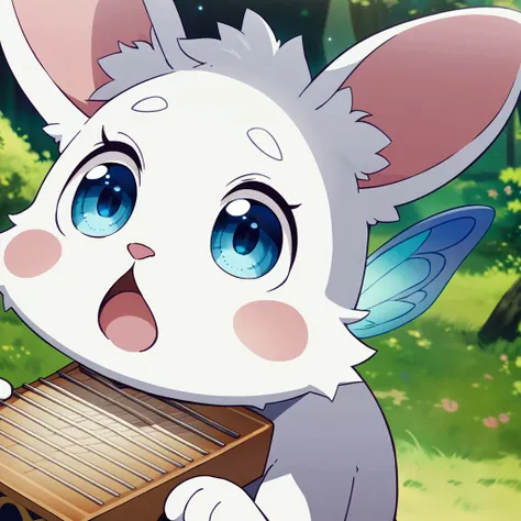 A round furry animal with a blank expression, big eyes, tilting its head, looking at you, frolicking on the kalimba box, so cute anime illustration, This is cute fantasy art that looks like a fairy tale picture book, ultra detailed, absolutely resolution, ...