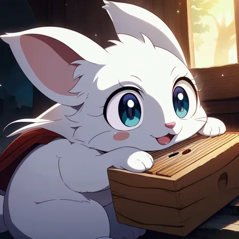 A round furry animal with a blank expression, big eyes, tilting its head, looking at you, frolicking on the kalimba box, so cute anime illustration, This is cute fantasy art that looks like a fairy tale picture book, ultra detailed, absolutely resolution, ...