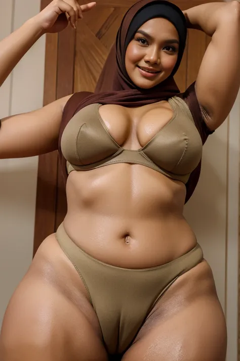 Fair skin and beautiful malaysian woman, wearing hijab, wearing skin-color bra and panties, sweaty oily shiny skin, lefher right underarm and armpit, busty large heavy round dropy breasts, posing sexily for camera, full body camera frame shot