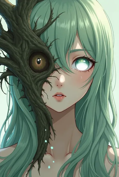 An anime woman with a thick tree in the place thst should be her eye, long light green hair wirh a long bang that in the middle of her face. Her only eye is white and sawed