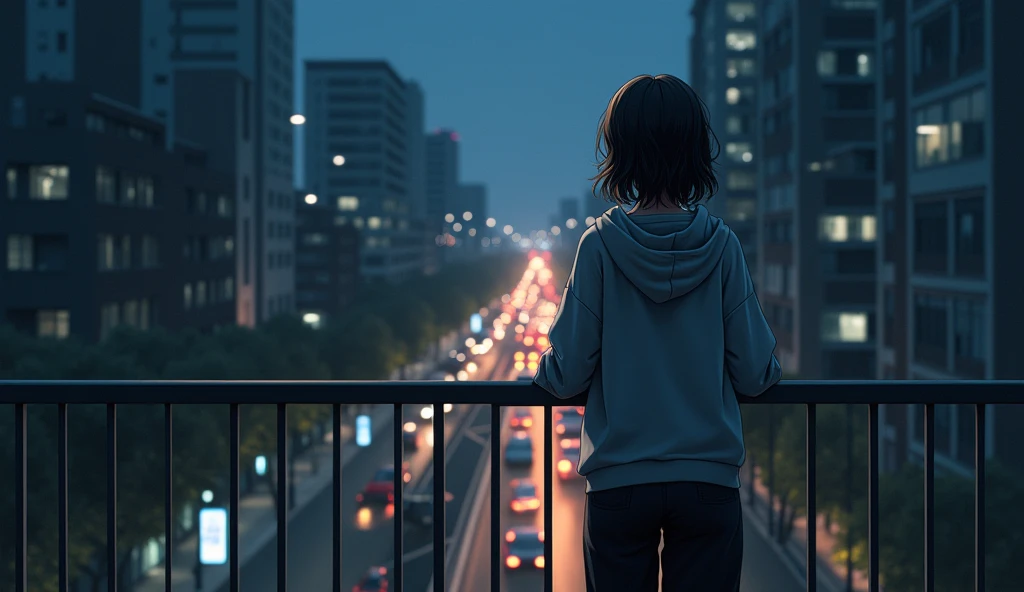 A beautiful Japanese girl in a gray hoodie, loose black pants, short wavy hair is leaning on the balcony railing and looking from above. There are cars and motorbikes below the balcony. Top and front view at night