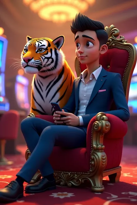 Disney inspired 3D poster/Pixar capturing a scene of a 22-year-old Brazilian man with very short hair, dark .  With dimples marked on the cheek , olho dark, sitting on a throne, wearing a blue suit .  Holding a cell phone and next to her a tiger 

Scenario...